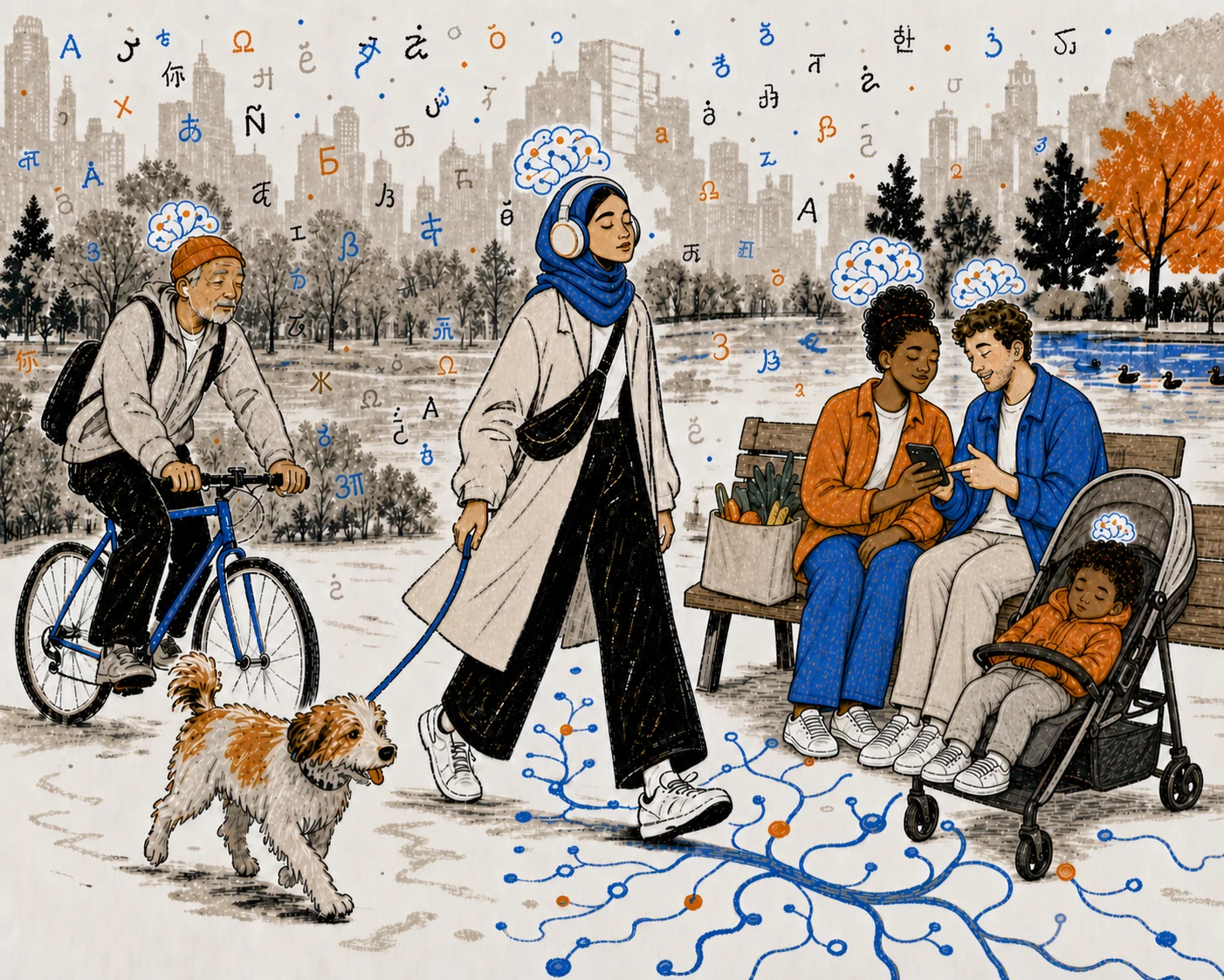 People learning languages while walking, cycling, and spending time together in a city park.